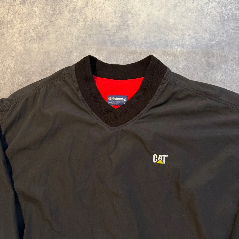 VTG Holloway CAT Caterpillar Windbreaker V-Neck Pullover Jacket Mens XL Black